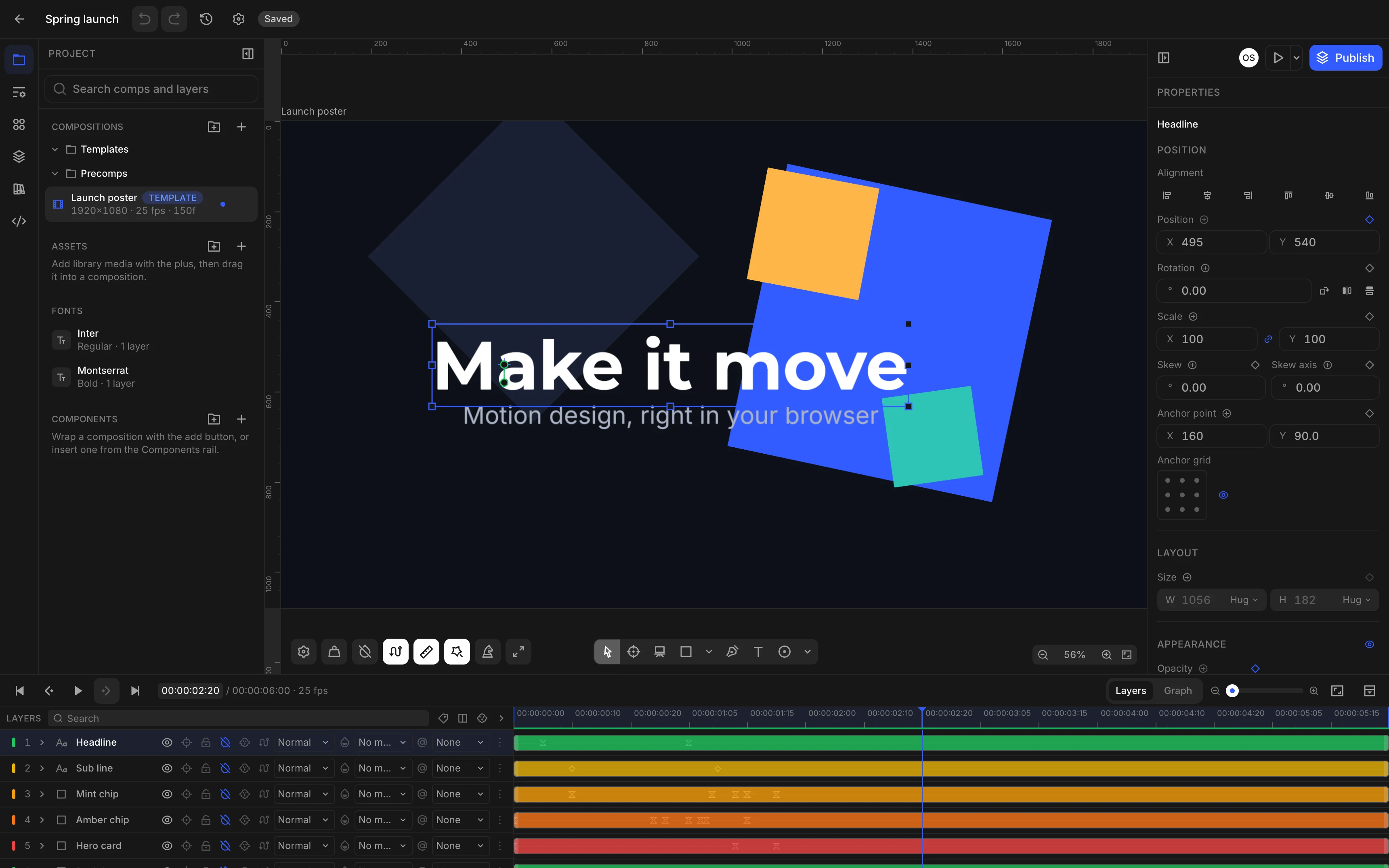 The Nubu Motion editor with a poster composition on the canvas, layer list, timeline and properties panel