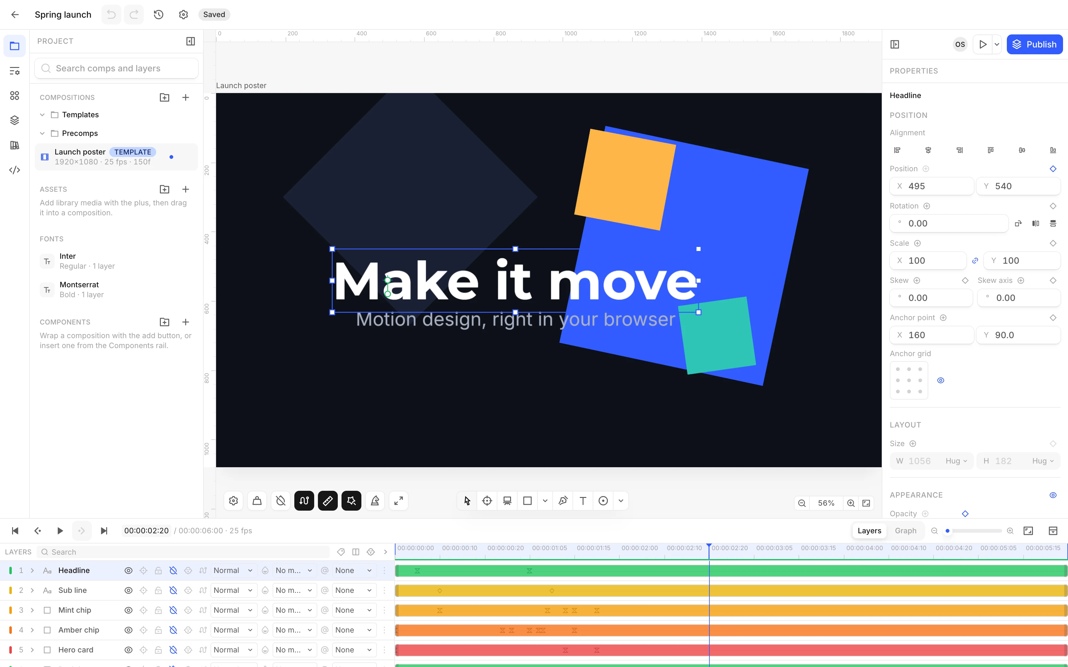 The Nubu Motion editor with a poster composition on the canvas, layer list, timeline and properties panel